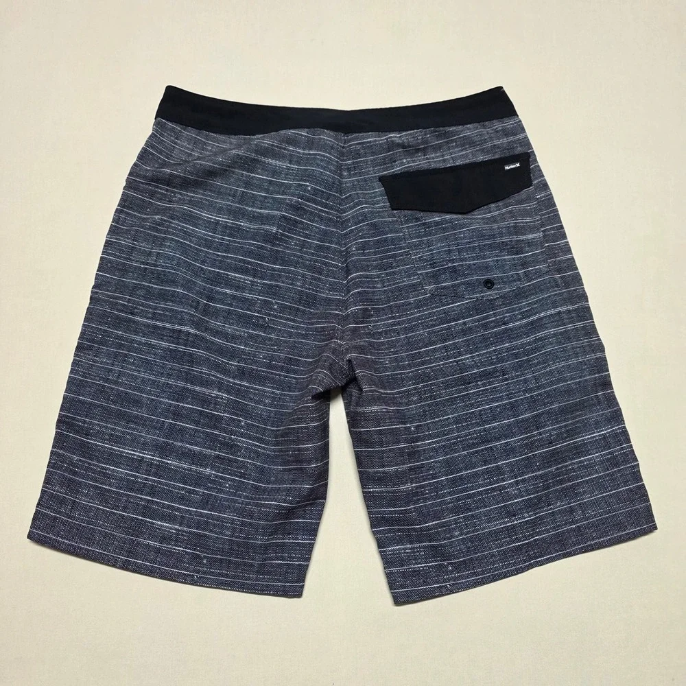 Hurley Mens Size 28 Board Shorts Black Gray Striped Surf Swim Trunks Drawstring